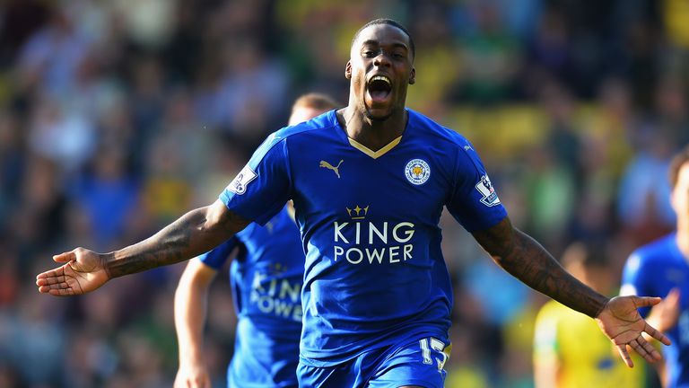 Jeff Schlupp of Leicester City celebrates scoring his team's second goal against Norwich City.
