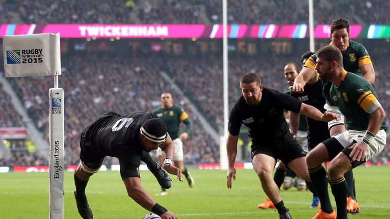 New Zealand's Jerome Kaino scores his side's first try during the Rugby World Cup, Semi Final at Twickenham Stadium, London.