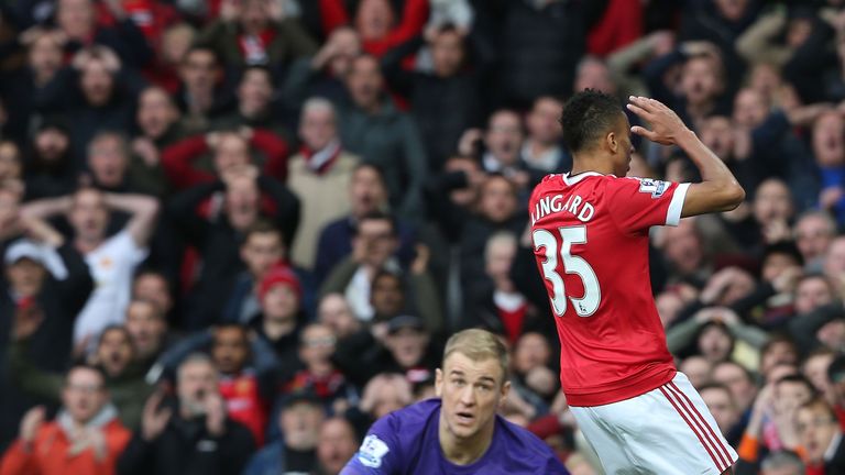 Jesse Lingard of Manchester United reacts to missing a big chance against Manchester City