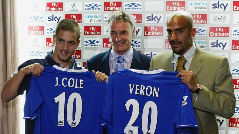 Chelsea manager shows off new signings Joe Cole and Juan Sebastian Veron during a press conference on August 7, 2003 at Stamford Bridge