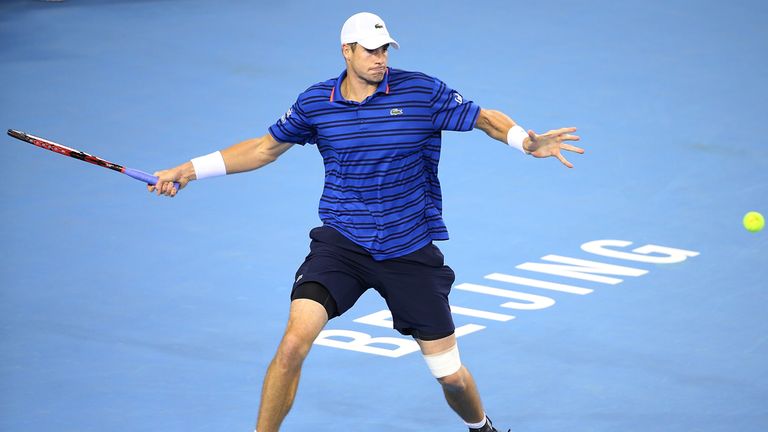 John Isner of the USA plays a forehand in his match against John MIllman of Australia on day 6 of the 2015 China Open at the