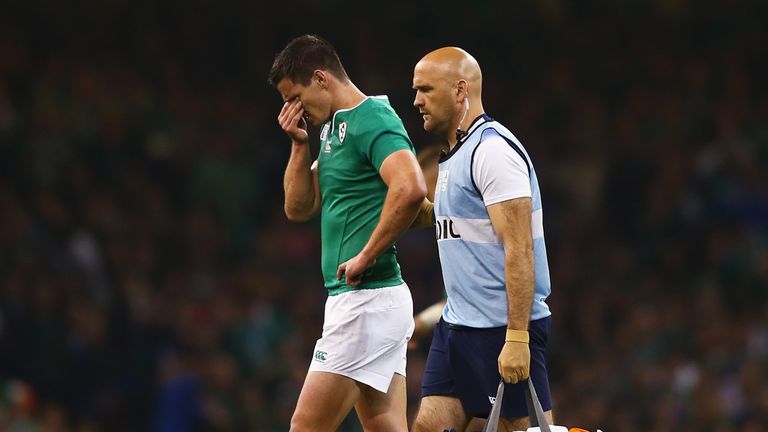 CARDIFF, WALES - OCTOBER 11:  Jonathan Sexton of Ireland looks dejected leaves the field injured during the 2015 Rugby World Cup Pool D match between Franc