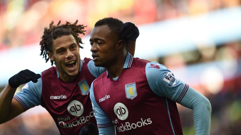 Aston Villa's Jordan Ayew celebrates after scoring their opening goal against Swansea