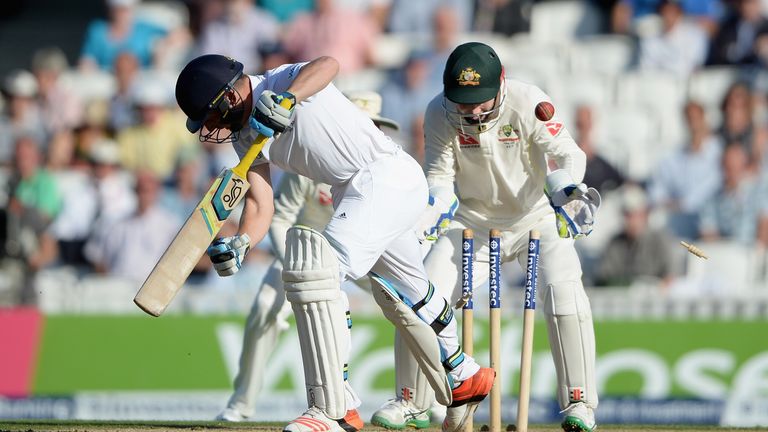 LONDON, ENGLAND - AUGUST 21:  Jos Buttler of England is bowled by Nathan Lyon of Australia during day two of the 5th Investec Ashes Test match between Engl