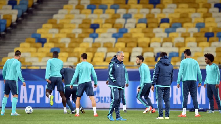 Jose Mourinho takes a Chelsea training session in Kiev on the eve of the game against Dynamo