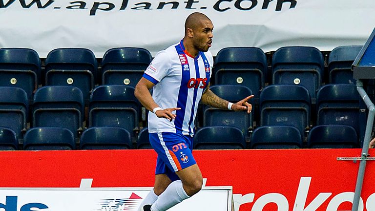 17/10/15 LADBROKES PREMIERSHIP.KILMARNOCK v ICT.RUGBY PARK - KILMARNOCK.Josh Magennis celebrates after doubling Kilmarnock's lead