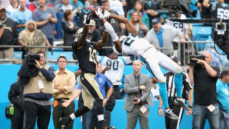 Josh Norman #24 of the Carolina Panthers makes a game saving interception against Brandin Cooks #10 of the New Orleans Saints