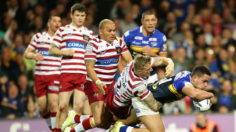 Josh Walters of Leeds Rhinos crosses the try line to score Leeds Rhinos winning try in the Grand Final