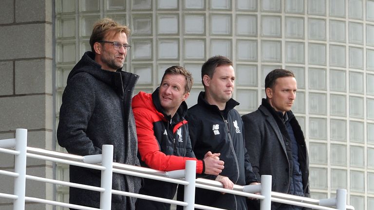 New Liverpool Manager Jurgen Klopp (left) with Academy Director Alex Inglethorpe, U21 coach Michael Beale and First-Team Development Coach Pepijn Lijnders
