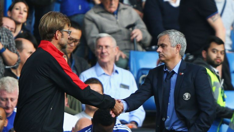 LONDON, ENGLAND - OCTOBER 31: Jurgen Klopp, manager of Liverpool and Jose Mourinho Manager of Chelsea shake hands after the Barclays Premier League match b