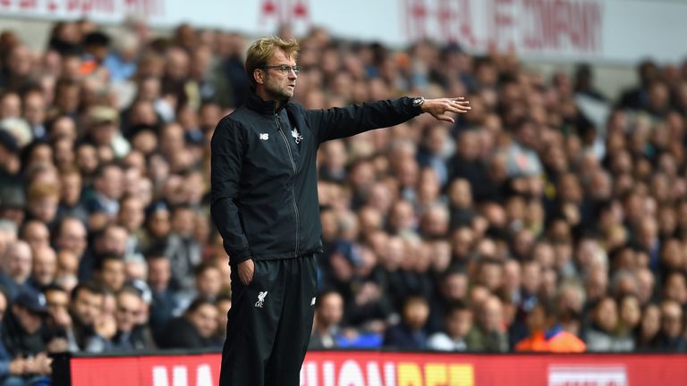 Jurgen Klopp, manager of Liverpool gestures during the Barclays Premier League match between Tottenham Hotspur and Liverpool