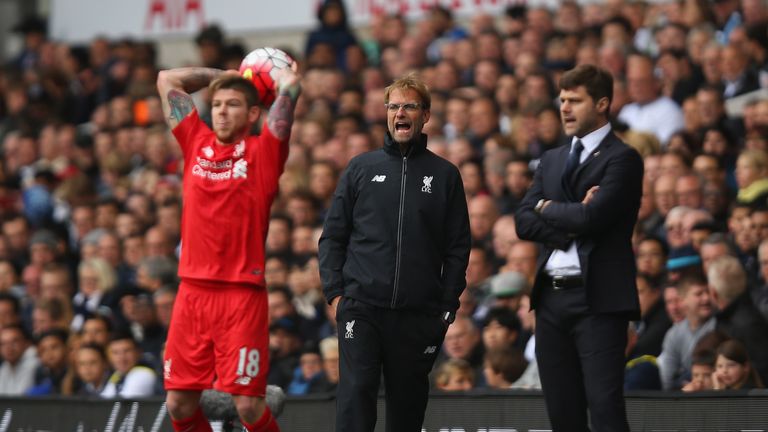 Jurgen Klopp (C), manager of Liverpool gestures during the Barclays Premier League match between Tottenham Hotspur and Liverpool