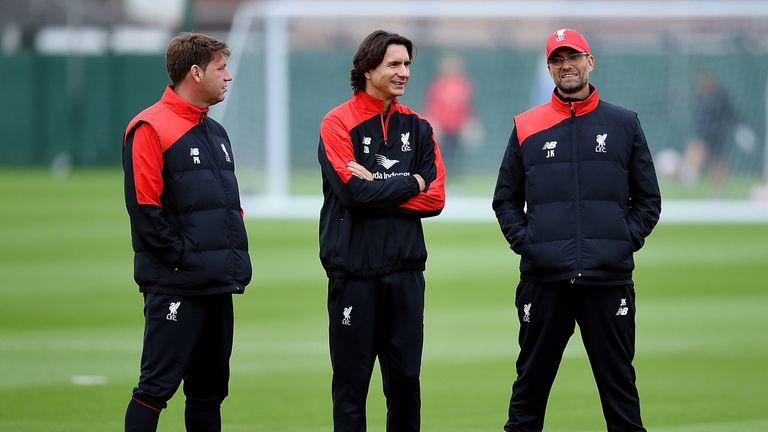 New Liverpool manager Jurgen Klopp (far right) supervised training at Melwood on Wednesday