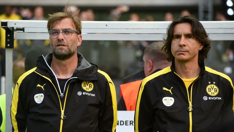 Dortmund's head coach Juergen Klopp (L) and assistant coach Zeljko Buvac (R)