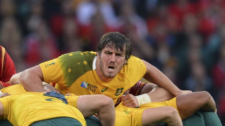 Australia's lock Kane Douglas shouts during a Pool A match of the 2015 Rugby World Cup between Wales and Australia at Twickenham