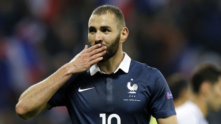 France's forward Karim Benzema celebrates after scoring a goal against Armenia