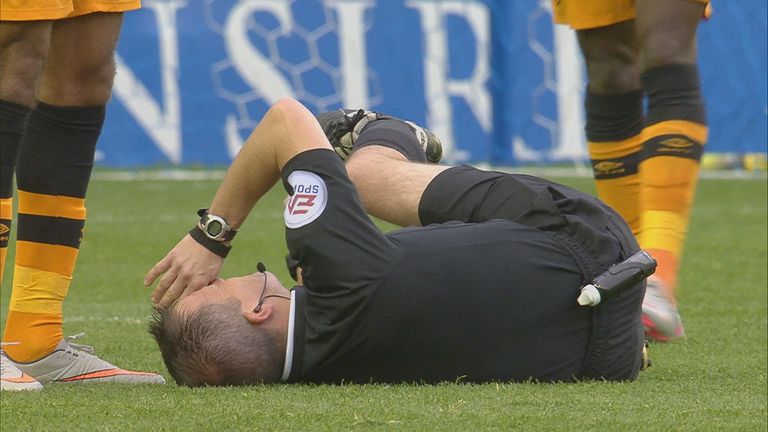 Referee Kevin Stroud was accidentally injured by Chuba Akpom during today's Sheffield Wednesday v Hull City game.