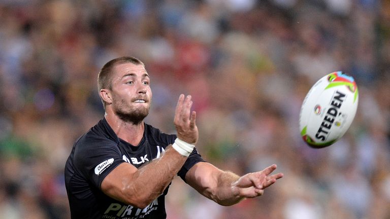 Kieran Foran of New Zealand passes the ball during the Four Nations Rugby League 