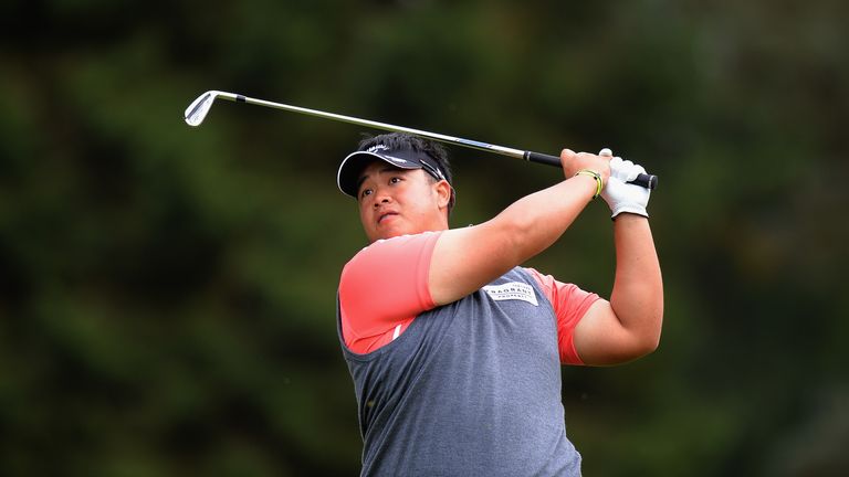 WOBURN, ENGLAND - OCTOBER 10:  Kiradech Aphibarnrat of Thailand plays his first shot on the 9th tee during the thrid round of the British Masters 