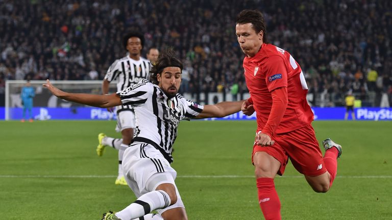 Yevhen Konoplyanka of Sevilla cayuses havoc in the Juventus defence in the Champions League