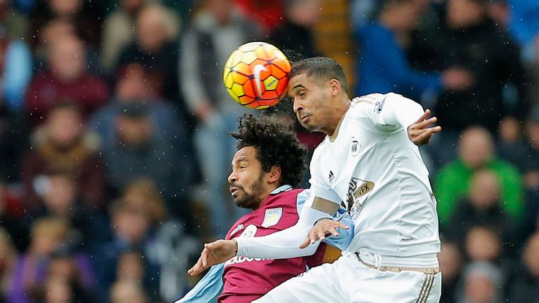 Kyle Naughton of Swansea City and Kieran Richardson of Aston Villa compete in the air for the ball 