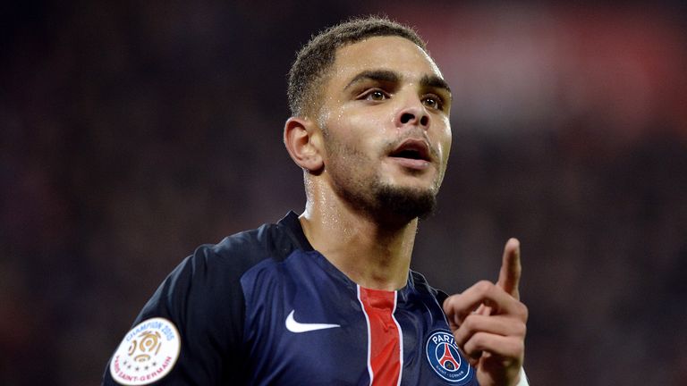 PSG's Layvin Kurzawa celebrates after scoring a goal v St Etienne in Ligue 1