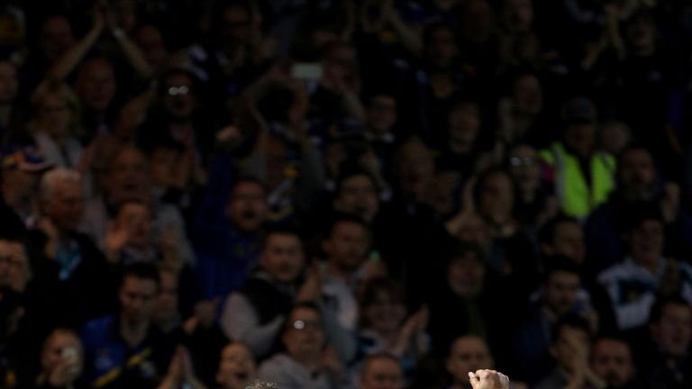 Leeds Rhinos Jamie Peacock (left) and Kylie Leuluai acknowledge the crowd in their final home appearance