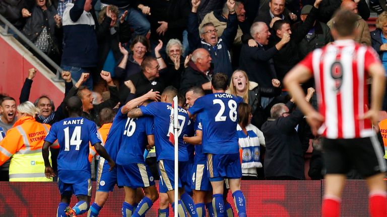 Leicester City's Jamie Vardy celebrates after scoring his sides second goal 