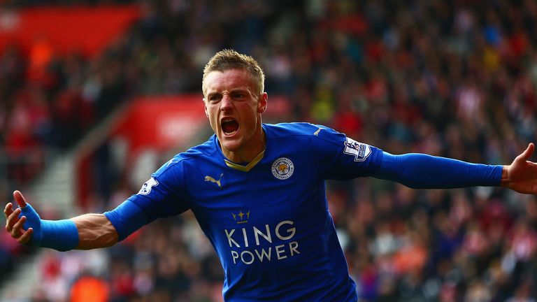 Jamie Vardy of Leicester City celebrates scoring his team's second goal 
