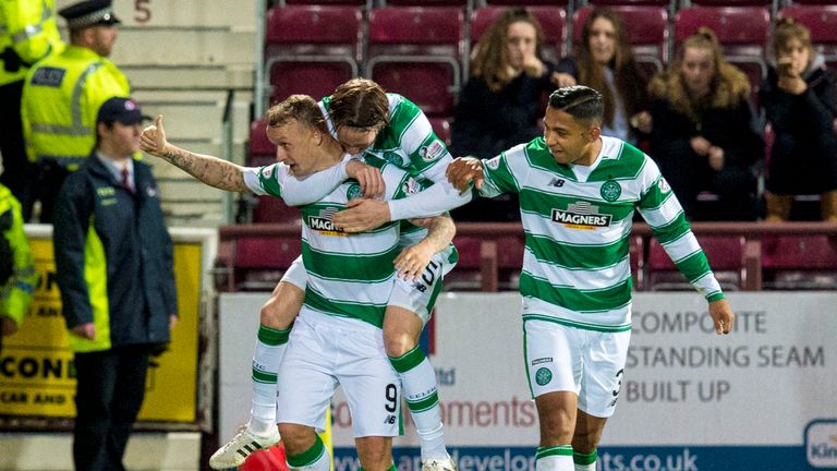 Griffiths celebrates in front of the Hearts fans after opening the scoring