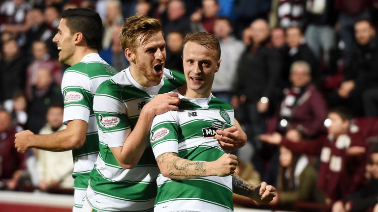 Leigh Griffiths celebrates with team-mate Stuart Armstrong after opening the scoring