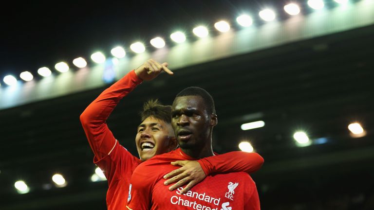 Christian Benteke of Liverpool celebrates scoring his team's first goal against Southampton