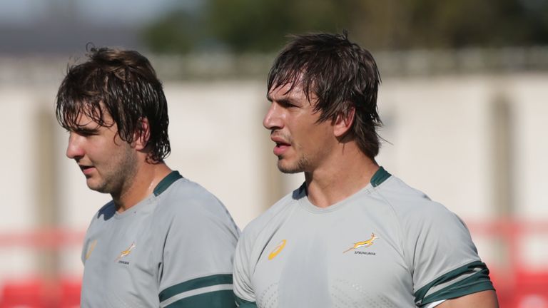 Lood de Jager with Eben Etzebeth during the Springboks' training session