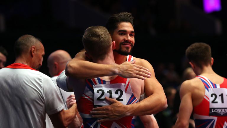 Louis Smith and Nile Wilson of Great Britain celebrate after the Men's Artistic Gymnastics Qualifying session 