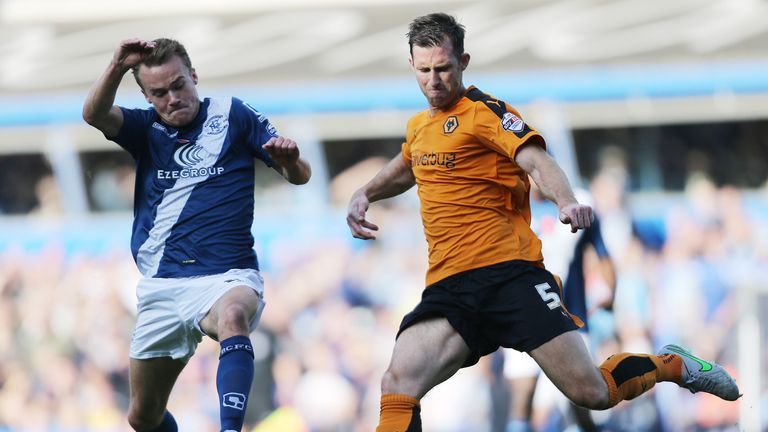 Birmingham City's Maikel Kieftenbeld and Wolverhampton Wanderers' Mike Williamson battle for the ball