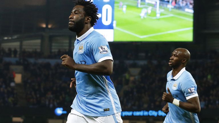 Manchester City's Wilfried Bony (C) celebrates after scoring the opening goal 