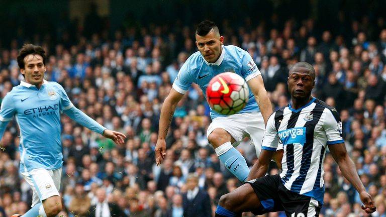 Sergio Aguero of Manchester City scores his fourth and team's fifth goal