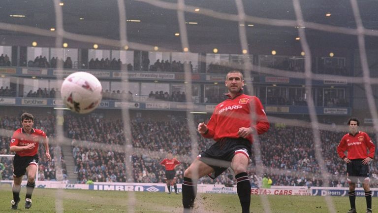 6 Apr 1996:  Eric Cantona of Manchester United scores a penalty during an FA Carling Premiership match against Manchester City at Maine Road in Manchester,