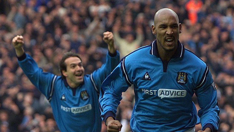 Manchester City's Nicolas Anelka (R) celebrates scoring against Manchester United with Eyal Berkovic, during their FA Barclaycard Premiership match at City