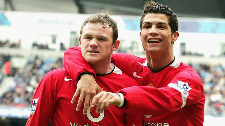 Wayne Rooney of Manchester United and Cristiano Ronaldo celebrate during the 2005 derby