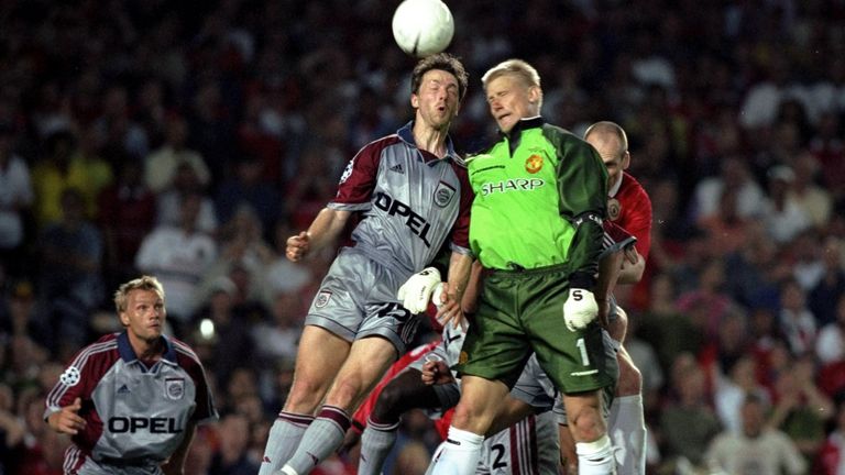 Schmeichel went up for a corner in the closing stages of the 1999 Champions League final