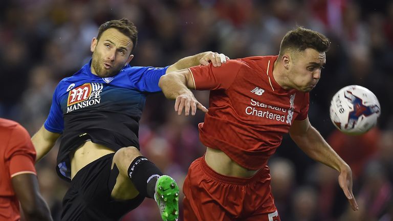Bournemouth's Marc Pugh vies against Liverpool's Connor Randall during the League Cup fourth round football match at Anfield in October 2015
