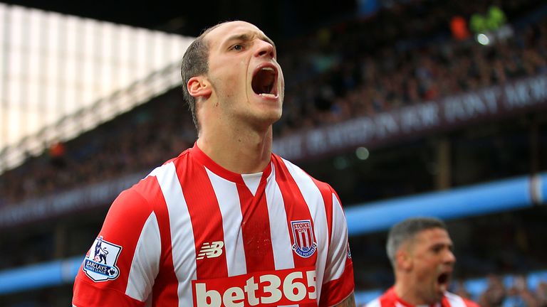 Stoke City's Marko Arnautovic celebrates scoring his side's first goal of the match during the Barclays Premier League match at Villa Park, Birmingham.