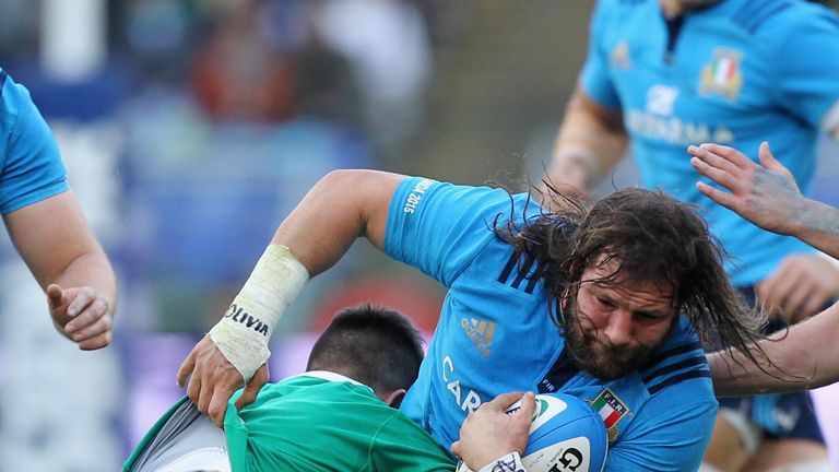 ROME, ITALY - FEBRUARY 07:  Martin Castrogiovanni of Italy is tackled by Conor Murray of Ireland during the RBS Six Nations match between Italy and Ireland