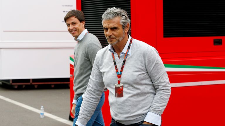 Ferrari Team Principal Maurizio Arrivabene speaks with Mercedes GP Executive Director Toto Wolff