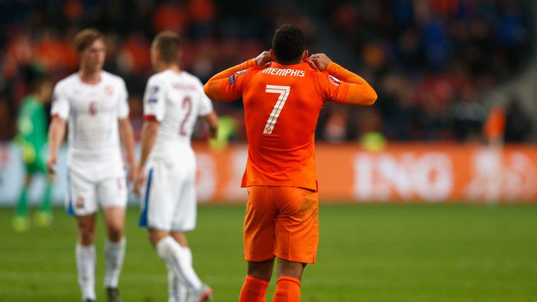 Memphis Depay of the Netherlands (7) looks dejected in defeat after the UEFA EURO 2016 qualifying Group A defeat to Czech Republic