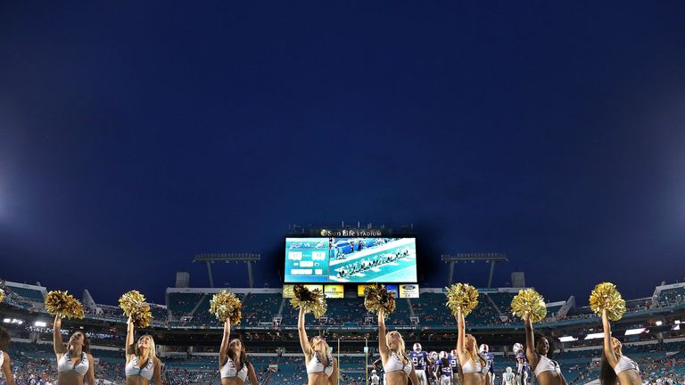 The Miami Dolphins cheerleaders perform during a game against the Buffalo Bills at Sun Life Stadium on September 27, 201