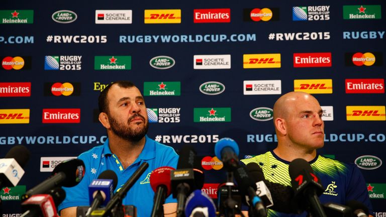 Michael Cheika and Moore of Australia speak to the media on Monday