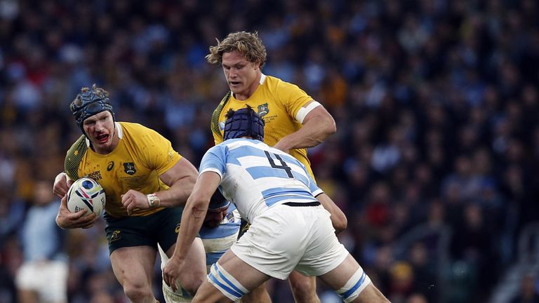 Michael supports David Pocock with ball in hand during Australia's semi-final against Argentina at Twickenham