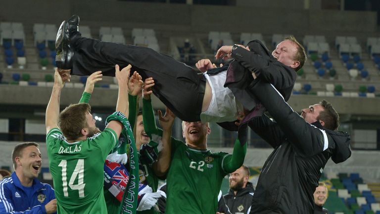 Northern Ireland boss Michael O'Neill enjoys the post-match celebrations in Belfast